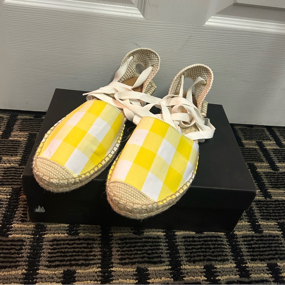 J. Crew Yellow and White Gingham Espadrille Flats